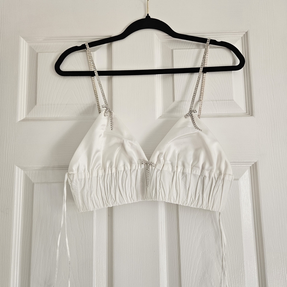 Zara White Bralette with Silver Straps Bow Chain Details